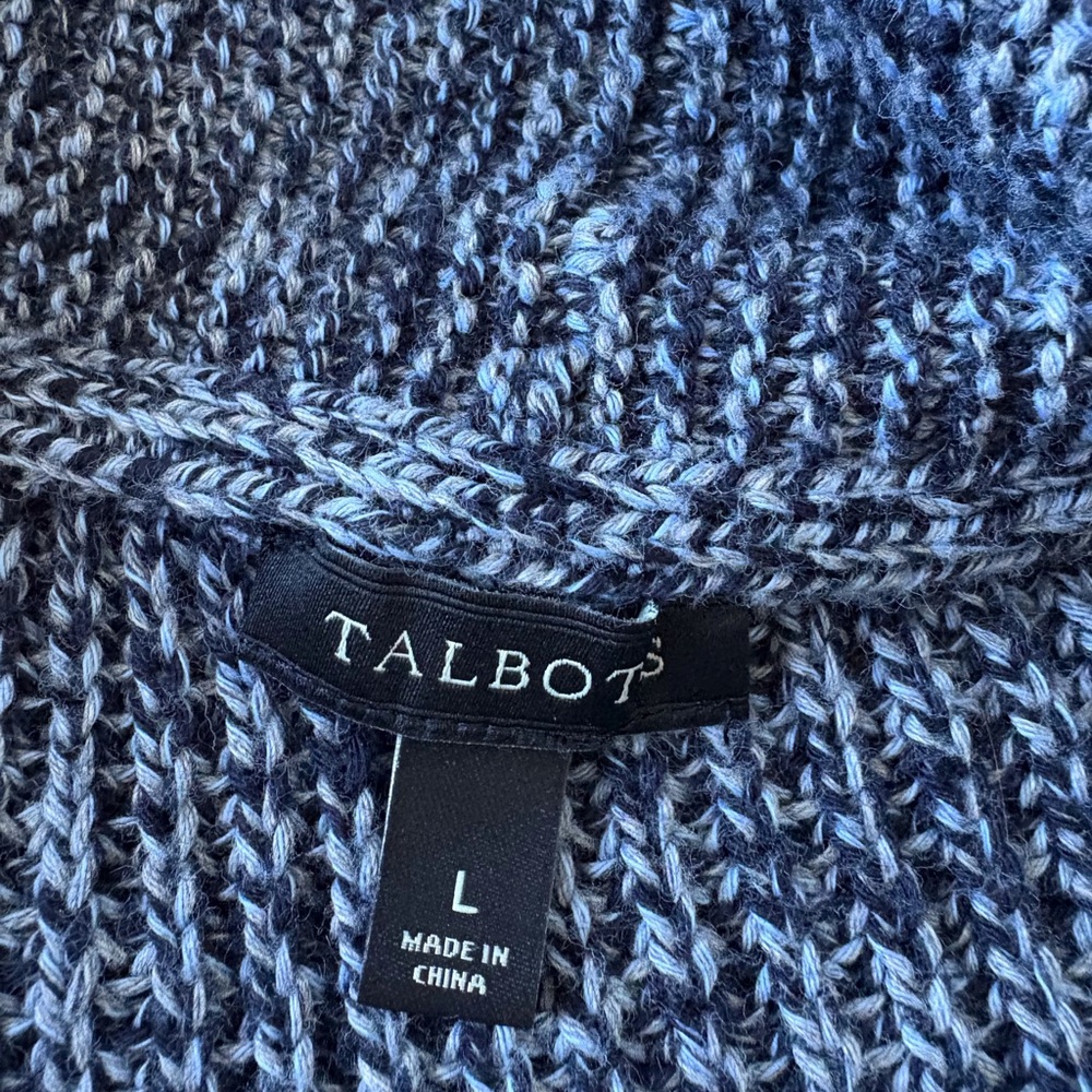 Talbots Open Cotton Cardigan Blue Gray Large Fisherman Cable Knit Cabincore Cozy - Picture 2 of 11